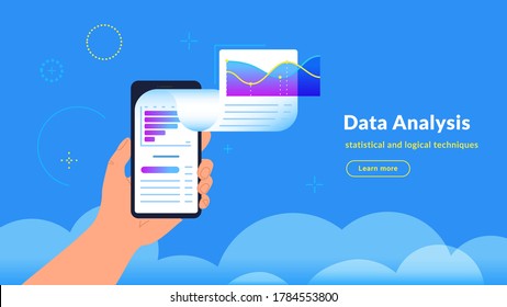 Data analysis, research and reports. Vector gradient illustration of human hand holding smartphone with application financial graph flying out of screen. Infographic design for market trends tracking