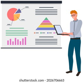 Data analysis research statistics concept. Work with statistics, strategy, business development. Statistical analytics using digital technologies. Businessman with laptop analyzing indicators