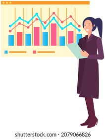 Data analysis research statistics concept. Work with statistics, strategy, business development. Female employee talks about results of statistical research. Woman near presentation board with data