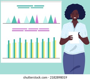 Data analysis research statistics concept. Work with statistics, strategy, business development. Female employee makes presentation of results of statistical research. Work with digital technologies