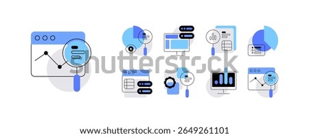 Data analysis, research and statistics. Infographic elements. Set of icons. Flat graphics. Vector file.
