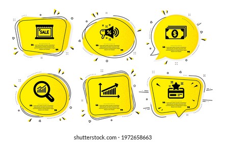 Data analysis, Sale and Sale megaphone icons simple set. Yellow speech bubbles with dotwork effect. Banking, Chart and Loyalty card signs. Magnifying glass, Shopping store, Shopping. Vector