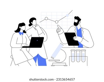 Data analysis for the scientific research abstract concept vector illustration. Scientists analyzing data about new medical research, lab experiment, biotechnology development abstract metaphor.