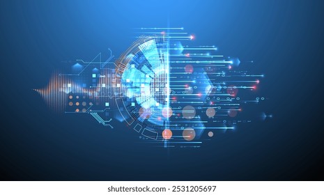 Análise de dados. Conhecimentos científicos e tecnológicos. Um círculo tecno dividido a partir do qual linhas e números emergem. Vetor feito à mão.