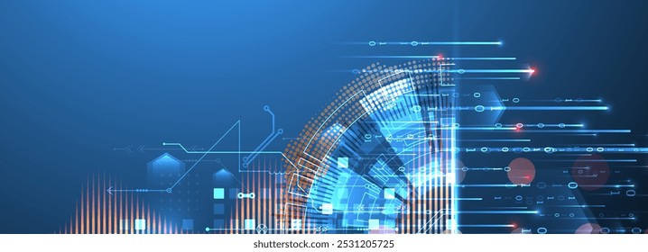 Análise de dados. Conhecimentos científicos e tecnológicos. Um círculo tecno dividido a partir do qual linhas e números emergem. Vetor feito à mão.