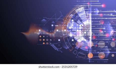 Análise de dados. Conhecimentos científicos e tecnológicos. Um círculo tecno dividido a partir do qual linhas e números emergem. Vetor feito à mão.