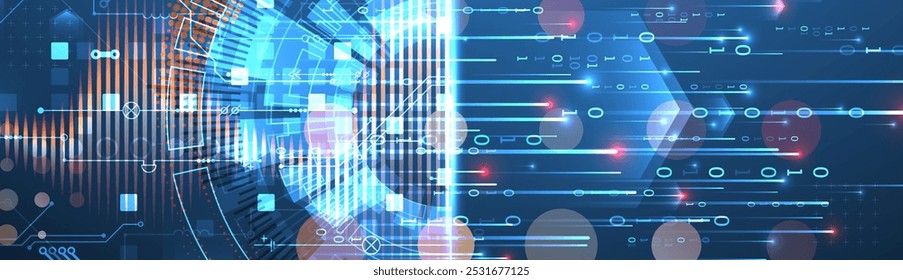 Análise de dados. Conhecimentos científicos e tecnológicos. Um círculo tecno dividido a partir do qual linhas e números emergem. Vetor feito à mão.