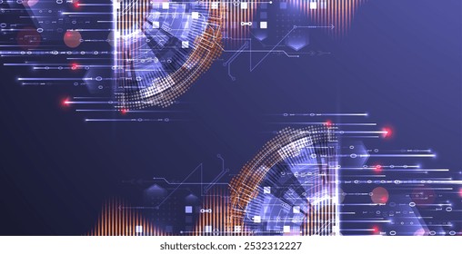 Análise de dados. Conhecimentos científicos e tecnológicos. Um círculo tecno dividido a partir do qual linhas e números emergem. Vetor feito à mão.