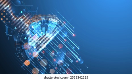 Análise de dados. Conhecimentos científicos e tecnológicos. Um círculo tecno dividido a partir do qual linhas e números emergem. Vetor feito à mão.