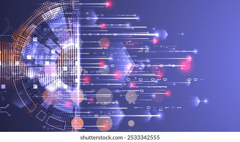 Análise de dados. Conhecimentos científicos e tecnológicos. Um círculo tecno dividido a partir do qual linhas e números emergem. Vetor feito à mão.