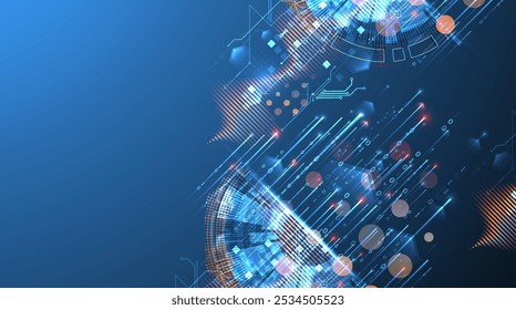 Análise de dados. Conhecimentos científicos e tecnológicos. Um círculo tecno dividido a partir do qual linhas e números emergem. Vetor feito à mão.