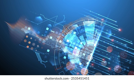 Análise de dados. Conhecimentos científicos e tecnológicos. Um círculo tecno dividido a partir do qual linhas e números emergem. Vetor feito à mão.