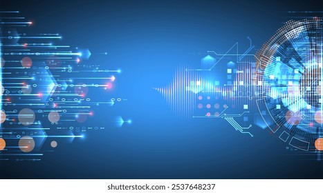 Análise de dados. Conhecimentos científicos e tecnológicos. Um círculo tecno dividido a partir do qual linhas e números emergem. Vetor feito à mão.