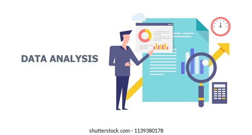 Data Analysis, Data Scientist, Big Data Marketing - Flat Style Vector Banner With Icons And Character 