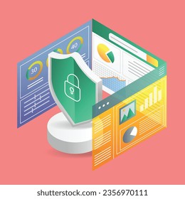 Data analysis screen security isometric flat 3d illustration concept