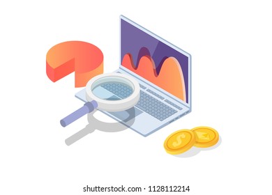 Data analysis, search engine optimization,  site position isometric concept. Vector illustration.