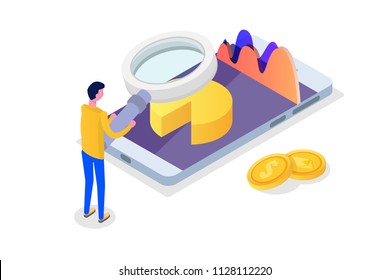 Data analysis, search engine optimization,  site position isometric concept. Vector illustration.