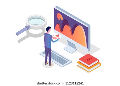 Data analysis, search engine optimization,  site position isometric concept. Vector illustration.