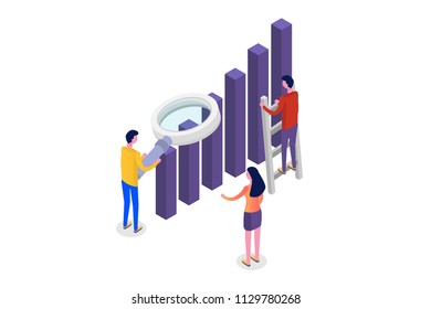 Data analysis, search engine optimization,  site position isometric concept. Vector illustration.