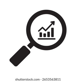Icono de búsqueda de análisis de datos con lupa sobre un gráfico de barras para revisar informes de inteligencia comercial y estadísticas de investigación de mercado Vector icono de glifo sólido