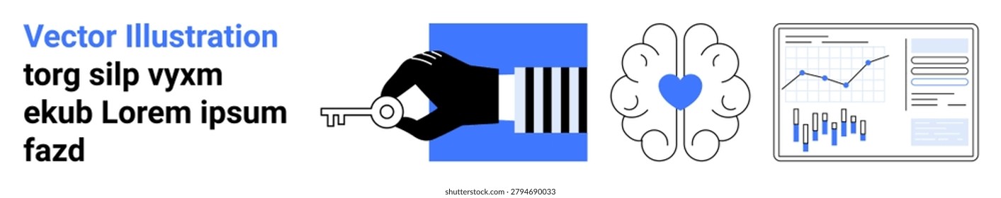 Data analysis, security, healthcare, innovation, insights, brain function. Hand holding key, brain symbol with heart and analytics chart. Data analysis and security concepts