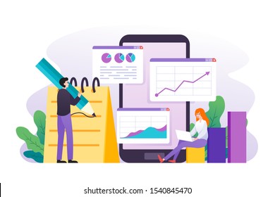 Data analysis, Seo analysis, big data research, website analytics concept for website and mobile website with business people, graphs and charts illustration