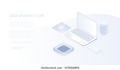 Data analysis server. Isometric information technologies. Big data representation. Graphic concept for your design