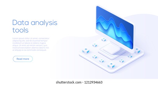 Datenanalyse-Server isometrische Vektorgrafik. Abstrakter Hintergrund für 3D-Rechenzentren oder Rechenzentren. Header-Layout der Netzinfrastrukturwebsite