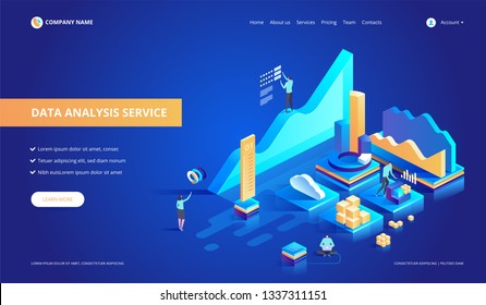 Datenanalyse-Service isometrische Vektorillustration Illustration. Abstrakter Hintergrund für 3D-Rechenzentren oder Rechenzentren. Header-Layout der Netzinfrastrukturwebsite