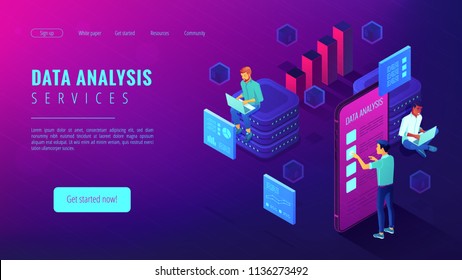 Data analysis services landing page isometric concept. Business anlyst, front end and beck end developers implementing features. Software development on ultraviolet background. Vector 3d illustration.