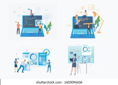 Data analysis set. Business team analyzing code, graph, presenting diagram. Flat vector illustrations. Business, marketing, coding concept for banner, website design or landing web page