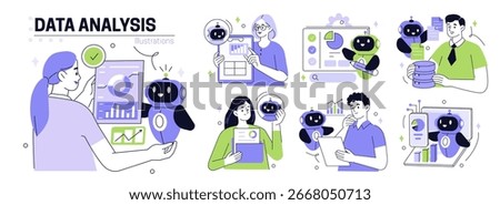 Data analysis set. Collection of characters using artificial intelligence generative tools to analyze, collecting, managing datasets. Analytics concept. Vector illustration.