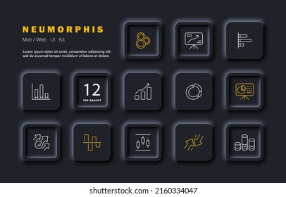 Data analysis set icon. Diagram, Columns, circles, analytics, arrows, setup, website, clipboard, magnifier, search, profession, job. Infographic concept. Neomorphism. Vector line icon for Business