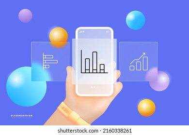 Data Analysis Set Icon. Diagram, Charts, Tracking, Income, Growth, Stonks, Profit, Arrows, Columns. Infographic Concept. Glassmorphism. UI Phone App Screens With Hand. Vector Line Icon For Business