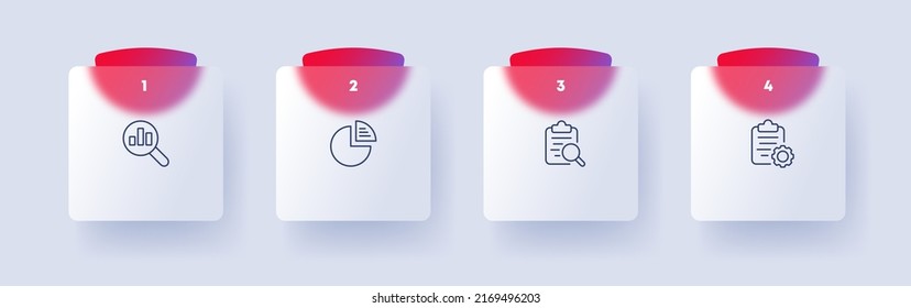 Data analysis set icon. Magnifier, columns, charts, clipboard, settings, gear, search, analytics, databases. Infographic concept. Glassmorphism style. Vector line icon for Business
