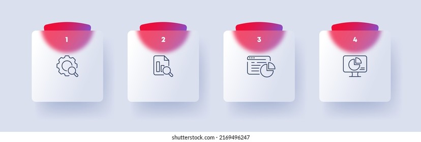 Data analysis set icon. Setup, Search, Database, File, Access, Networks, Website, Diagram, Monitor, pie chart. Infographic concept. Glassmorphism style. Vector line icon for Business and Advertising
