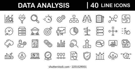 Data analysis set of web icons in line style. Data analytics icons for web and mobile app. Graphs, traffic analysis, data processing, research network collection, statistics, analytics, performance.