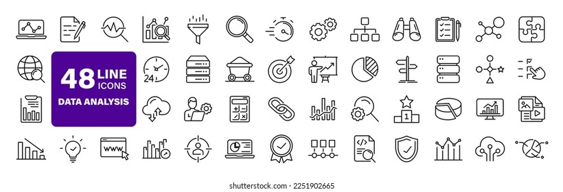 Conjunto de análisis de datos de iconos web en estilo de línea. Iconos de análisis de datos para aplicaciones web y móviles. Gráficos, análisis de tráfico, procesamiento de datos, recopilación de redes de investigación, estadísticas, análisis, rendimiento.