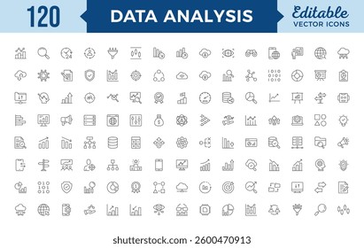 Data analysis set of web icons in line style. Pack of database, Big Data processing, statistics, analytics, server, monitoring, computing, network, chart, and others.
Simple vector icons.