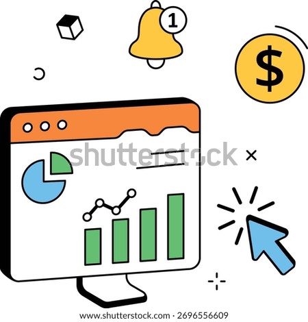 Data analysis showing business growth and financial success with pie chart and bar graph reports. Perfect for business presentations or data visualization concepts isometric flat vector illustration.