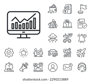 Signo de análisis de datos. Salaryman, igualdad de género e iconos de la descripción de timbre. Icono de línea de estadísticas. Estrategia empresarial. Signo de línea de estadísticas. Icono de marcador de posición de perfil o espía. Vector