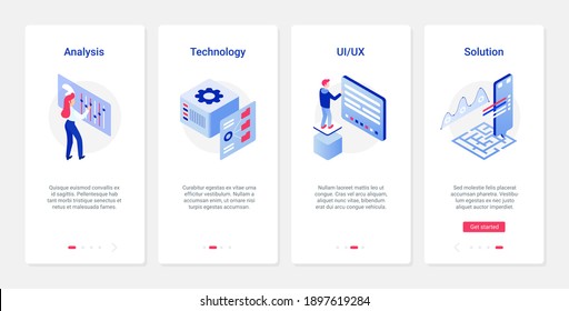 Data analysis smart solutions vector illustration. UX, UI onboarding mobile app page screen set with line service report, analyzing technology for business process, account database optimization