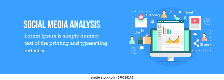 Data analysis for social media marketing. Social media analysis flat vector banner with icons