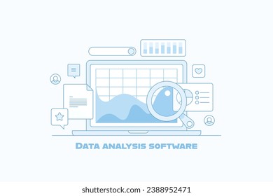 Data analysis software, Business, financial and marketing data analysis on laptop screen,  data science technology - outline vector illustration with icons