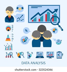 Data analysis software for new business startup market research flat icons composition poster abstract isolated vector illustration