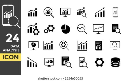 data analysis Solid icon set. Research, Information technology sign. Containing computing, server, OS, internet, network, security icons collection. Market prediction icon symbol
