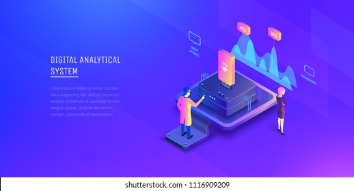 Data analysis. The specialist analyzes the system data and examines the indicators. Data management. Modern vector illustration isometric style. Data analysis. The specialist analyzes the system data and examines the indicators. Data management. Modern vector illustration isometric style.