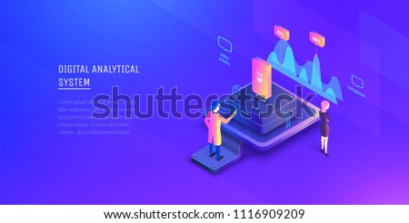 Data analysis. The specialist analyzes the system data and examines the indicators. Data management. Modern vector illustration isometric style.