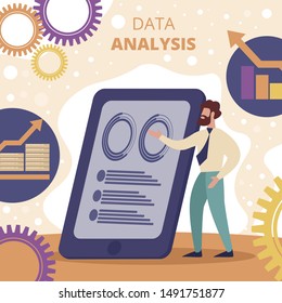 Data Analysis Square Banner. Young Businessman or Couch Trainer Doing Presentation at Huge Tablet Pc on Background with Growing Charts and Graphs, Gears and Cogwheels. Cartoon Flat Vector Illustration