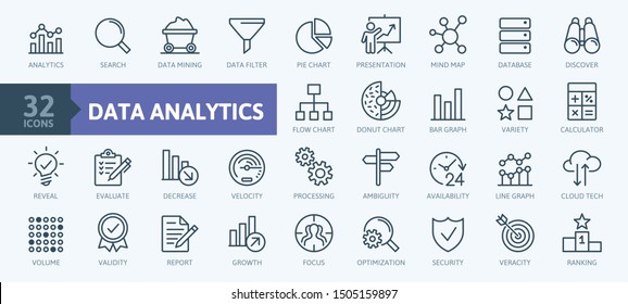 Data analysis, statistics, analytics  - minimal thin line web icon set. Outline icons collection. Simple vector illustration